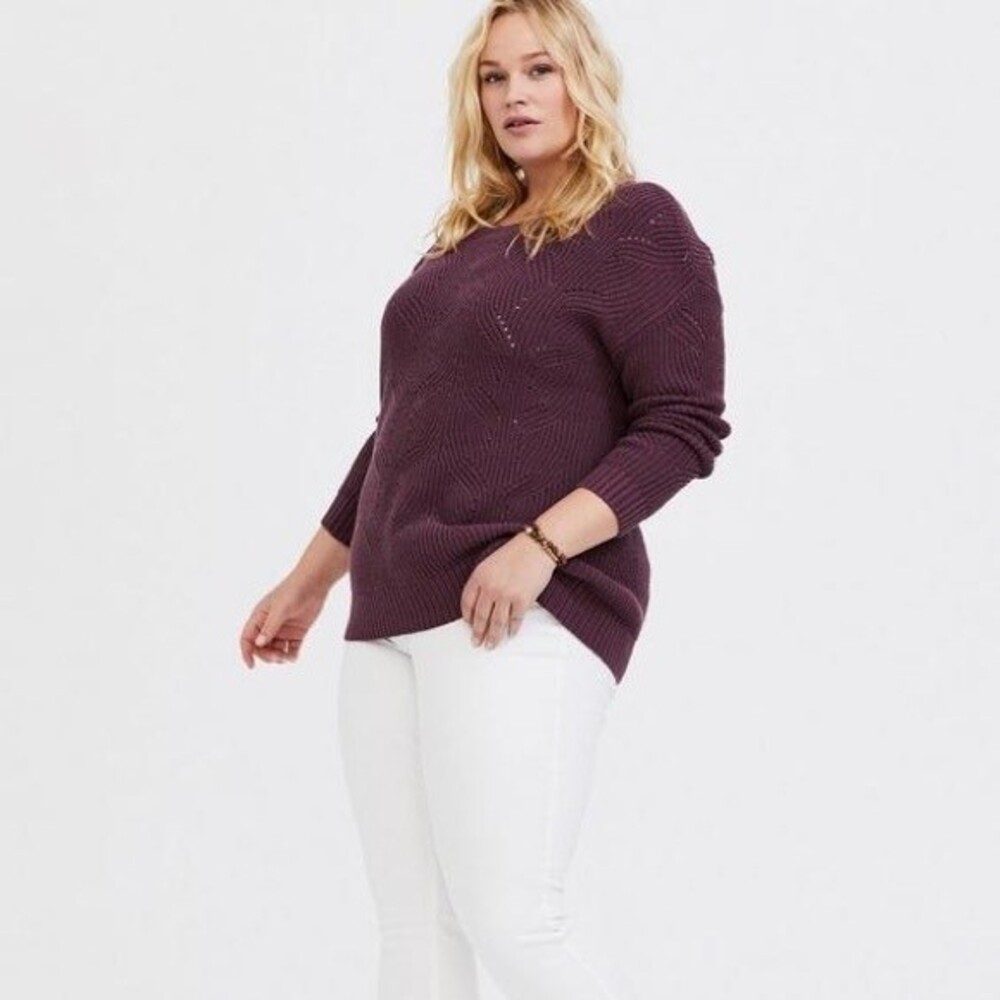 Torrid Pointelle Pullover Crew Neck Sweater Cotton Blend Eggplant Size 1 (1X)